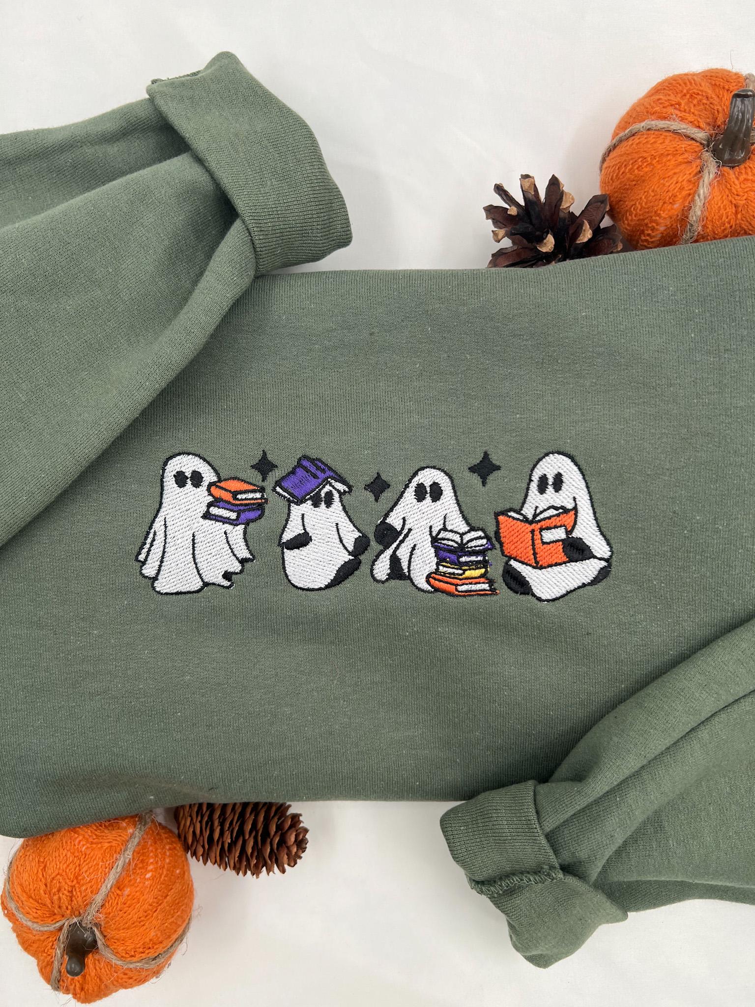 Ghost Reading Sweatshirt, Halloween Sweatshirt, Embroidered Ghost, Ghost Reading Books, Fall Crew, Halloween Embroidery, Ghost Book Sweater