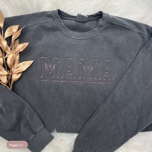 Embroidered Comfort Colors® OR Gildan Mama Crewneck Sweatshirt, Tone on Tone, Neutral Embroidered Sweatshirt, Varsity Mom Sweatshirt, Mom