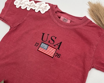 Embroidered USA Flag Youth T-Shirt: Patriotic Kids Tee