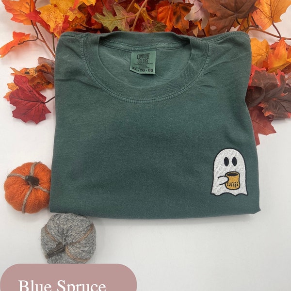 Embroidered Coffee Ghost Tee, Coffee Lovers, Spooky Season, Halloween Coffee, Funny Halloween Shirt, Comfort Colors Ghost Tshirt