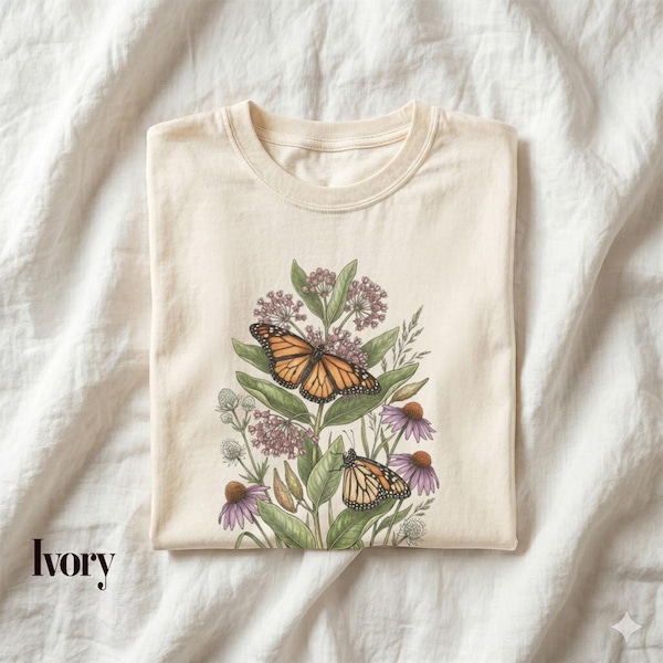 Koszulka Comfort Colors z motylem monarchą, koszulka z grafiką botaniczną z mlecznikiem i jeżówką, estetyczna koszulka dla miłośników dzikich kwiatów i natury, prezent do ogrodu