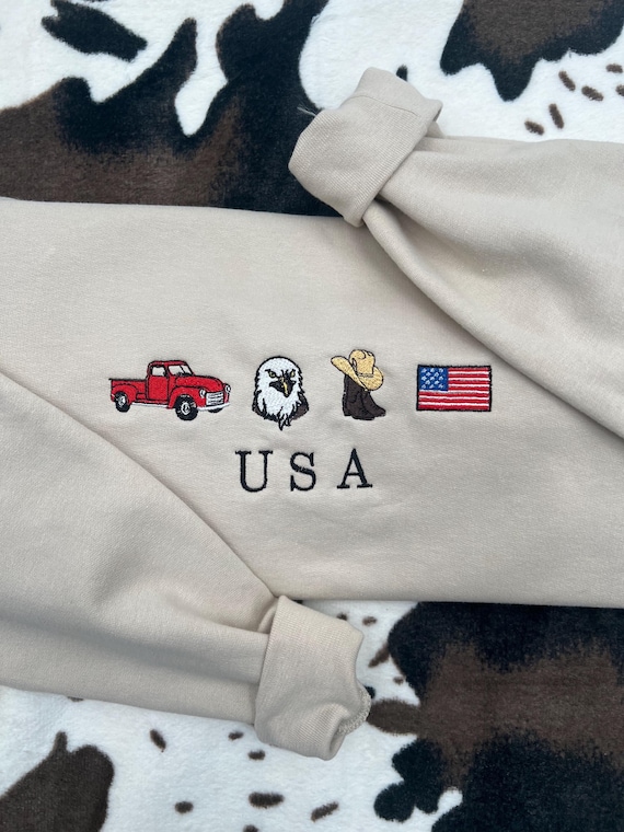 Embroidered USA Icons Sweatshirt, Patriotic Apparel, 4th of July Style, Country Western, Unique Gift Idea, Country Style Unique Gift for Her