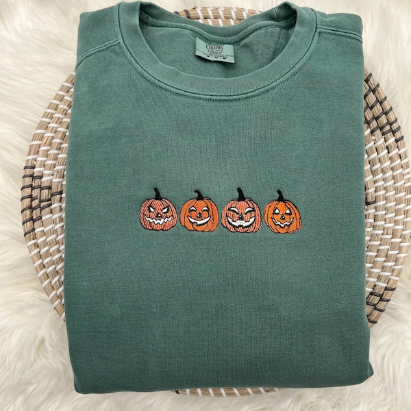 Embroidered Comfort Colors® Pumpkin Sweatshirt, Jack-o-Lantern Sweatshirt, Halloween Embroidered Sweatshirt, Fall Crewneck, Fall Crewneck