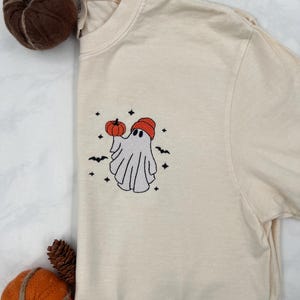 Embroidered Ghost Pumpkin Halloween Tee - Halloween T Shirt - Cute Fall Shirts For Women - Trendy Minimalist - Minimalist Fall Halloween Tee