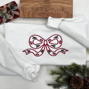 Embroidered Christmas Bow Sweatshirt - Custom Xmas Gift - Holiday Sweatshirt - Gift for Her - Bow Sweatshirt - Trendy Coquette Bow