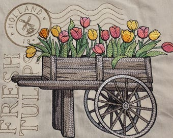 Bolso de mano bordado con diseño de tulipanes: Bolso de mercado de algodón natural.