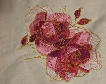 Modern Stylish Abstract Roses Embroidered on a Lined Heavy Canvas Tote Bag