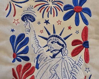Bolso de mercado patriótico bordado con la Estatua de la Libertad: lona de algodón ligera, forro con estrellas brillantes, estilo cottagecore.