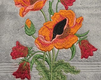 Bright Blooming Poppies embroidered blue hand towel: Cottage core, Country
