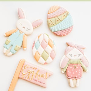 Puede incluir: Un conjunto de cinco galletas de azúcar con temática de Pascua decoradas con colores pastel y diseños intrincados. Las galletas incluyen un conejito con un mono, un conejito con un vestido rosa, una bandera con las palabras "Búsqueda de huevos por aquí", y dos huevos con diferentes patrones.