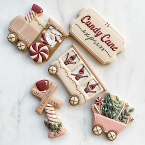 Peut inclure: Assortiment de biscuits de Noël décorés, dont un train, des wagons avec des elfes, et un billet "Candy Cane Express". Les biscuits sont décorés avec du glaçage rouge, blanc et vert, et un panneau de passage à niveau de cannes en sucre.