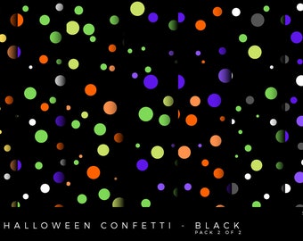 May include: A seamless pattern of colorful confetti on a black background. The confetti is in the shape of circles and is in various colors, including orange, yellow, green, blue, purple, and white. The text "SEAMLESS HALLOWEEN CONFETTI - BLACK PACK 2 OF 2" is at the bottom of the image.