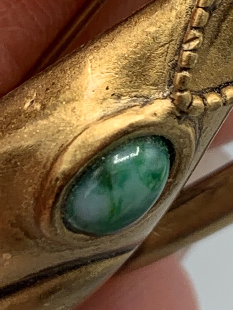 Bronze-y gold with malachite necklace. Cat brooch