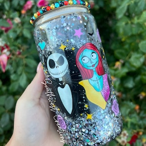 Jack & Sally Snowglobe Tumbler with Rhinestone Lid