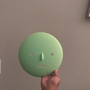 May include: A light green round face mask with a simple design. The mask has two eyes, a nose, and a mouth.