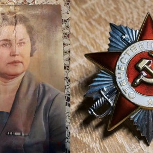 May include: A black and white photo of a woman in a dark suit, next to a red and silver star-shaped medal with the text "ОТЕЧЕСТВЕННАЯ ВОЙНА" in Cyrillic script.