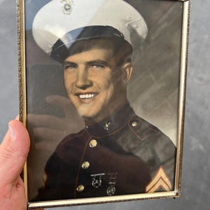 Vintage WWII Era USMC Portrait Photograph – Colorized Technicolor Style in Period Frame