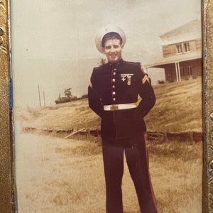 1 Orig WWII USMC 2th Division Photo in Early Japanese Frame