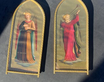 Antique Religious Angel Chromolithograph Prints Pair Gothic Arch Frames Church Devotional Wall Art