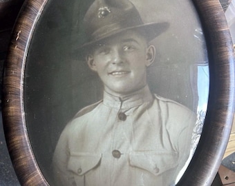WW1-1920s US Marine Corps Oval Portrait Convex Glass Frame Banana Wars Era USMC Photograph