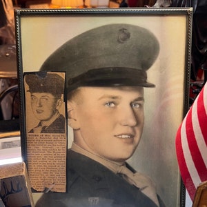 WWII USMC Fallen Marine Ptc. Gerald Rodeitcher Portrait w/ Period Frame and Paper Clipping