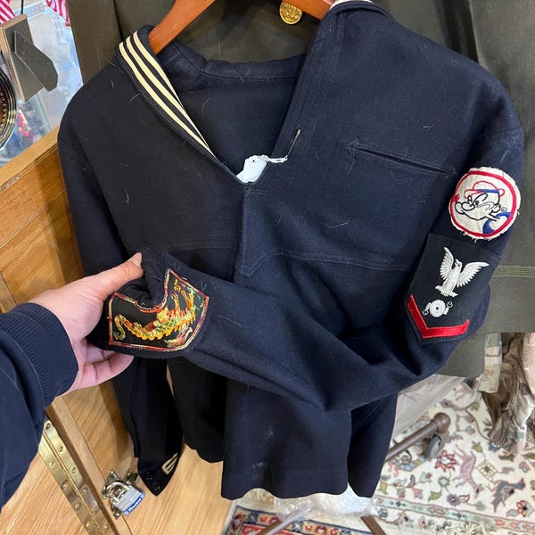 1973 Vietnam Era U.S. Navy BT3 Dress Blue Uniform Set Jumper & Pants Popeye Engineering Patch Dragon Liberty Cuffs