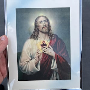 1930-50’s Vintage Sacred Heart of Jesus Framed Lithograph Print – Religious Catholic Art