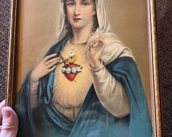 C. 1940’s Vintage Sacred Heart Of Mary Print Catholic Religious Wall Art Mid Century Devotional Portrait