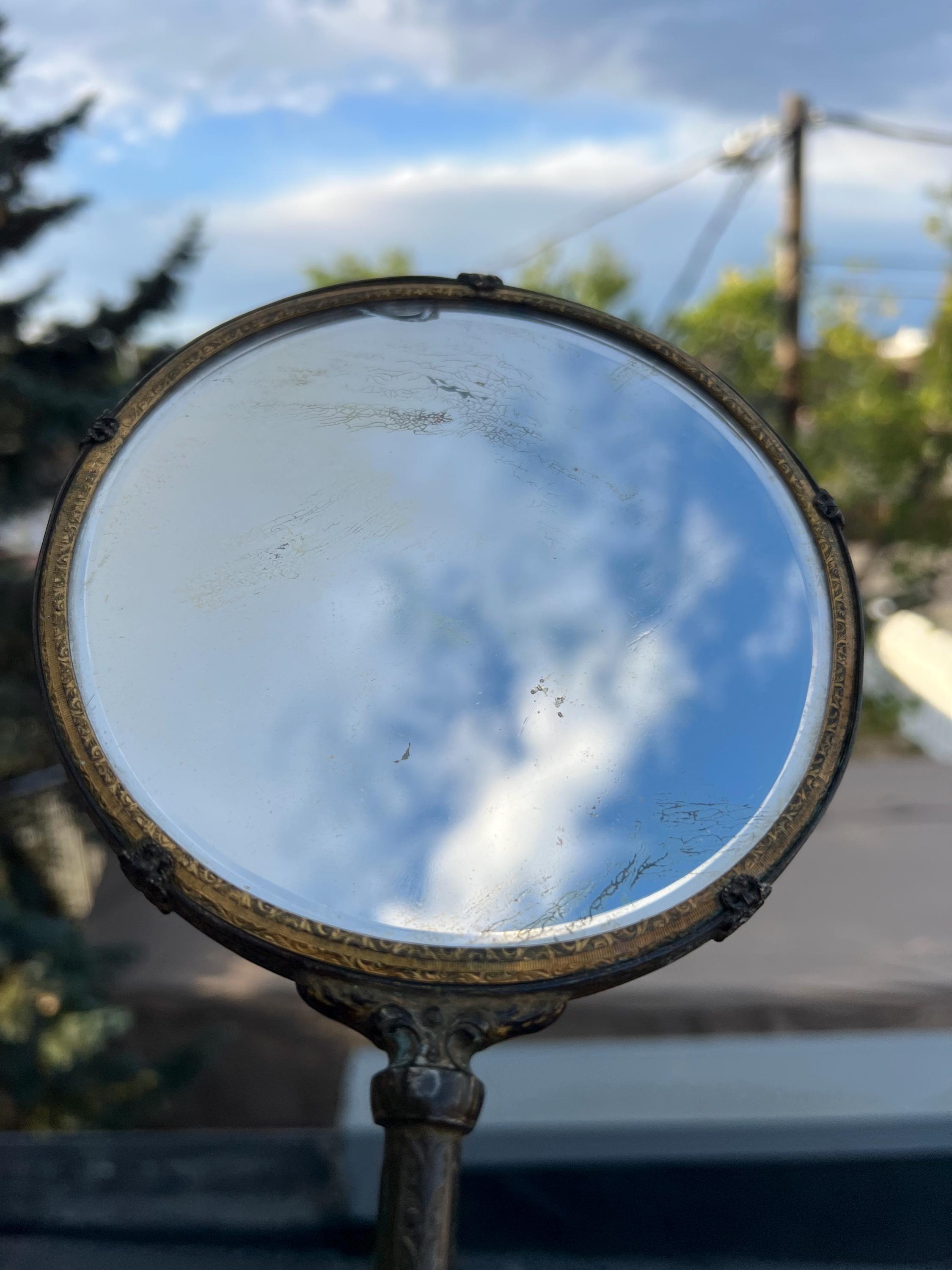 Antique Victorian Hand Mirror – Ornate Bronze With Carved Red