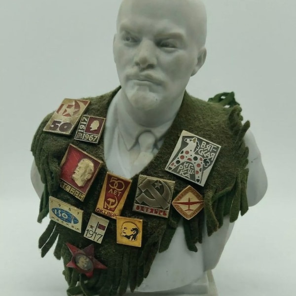 1970er Vtg Vladimir Lenin 7.5" Sowjetische russische Propaganda Keramik Büste W/ Schärpe geschildert