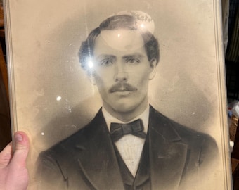Antique Victorian Charcoal Portrait Gentleman Mustache Formal Suit Framed 19th Century