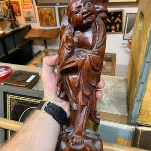 Laughing Taoist Immortal Vintage Chinese Rosewood Buddha Statue