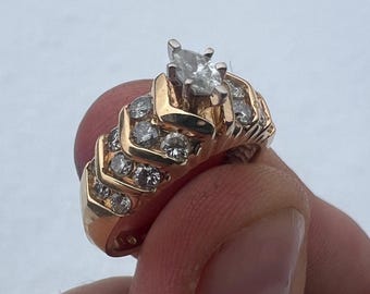 1970s 14K Gold Diamond Ring Size 7 Marquise Cut Center Tiered Step Design 18 Accent Diamonds Tiffany Style Head Vintage Statement Ring