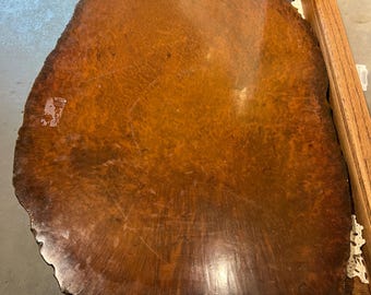 Californische sequoia wortelplaat. Massieve houten schijf met schorsrand en dikke lakafwerking. Ca. 32" x 24" x 2"