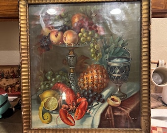 ヴィンテージ木製モザイク画：青い花瓶のある静物画、1960年代の