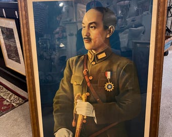 Retrato antiguo de Chiang Kai-shek, gran impresión original de la época de la Guerra Civil China, Generalísimo, República de China, Shanghai Xinya Bookstore, enmarcado.