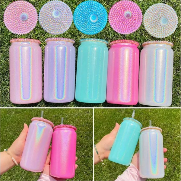 Holographic shimmer cup glass can 16oz comes with cups lid and straw. Bling lid
