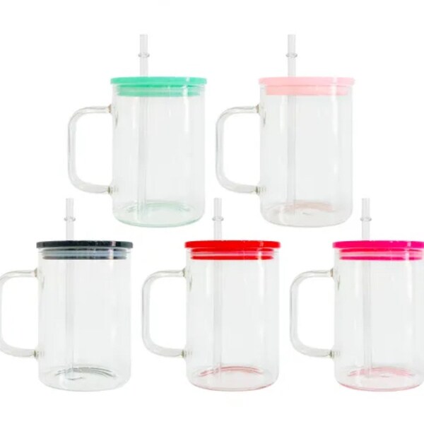 Glass mug 17oz sublimation  comes with cups lid and straw.