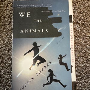 May include: A paperback book titled We The Animals by Justin Torres. The cover features a blue background with three silhouettes of people jumping against a bright sunburst. Text includes A National Bestseller and review quotes from Vanity Fair and New York Times.