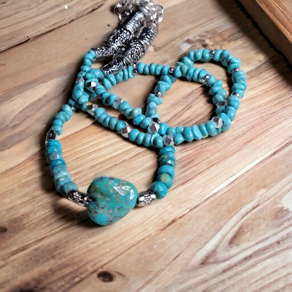 Rare Big Blue Stone Emerald Valley Turquoise beaded necklace. Chilean turquoise. Tree of life barrel beads.