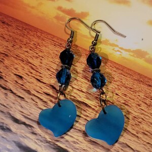 Indigo Heart Sea glass Earringd with Cobalt Precossa Crystals and Bronze Findings