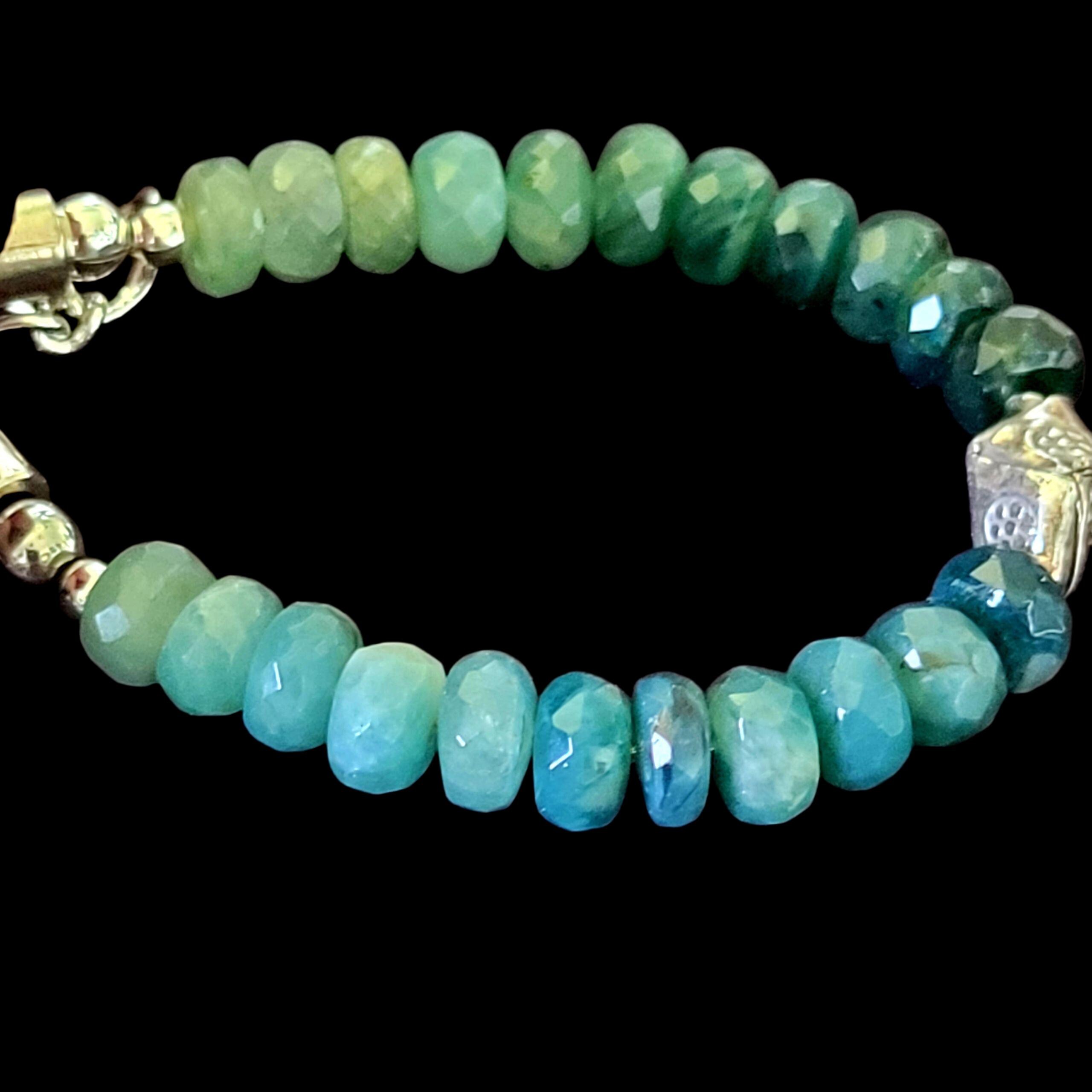 Rare AAA Grandidierite Silver beaded Bracelet , Sterling Silver Karen Hill Tribe Bead, Ocean Grandidierite beads. Color shift beads