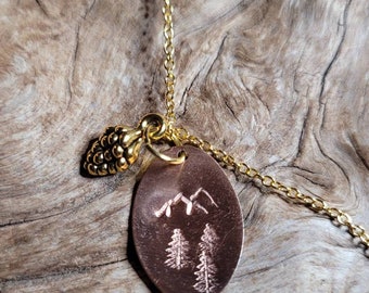 Gold and Copper Pine Tree, Mountain and Pinecone necklace. Nature and Adventure Jewelry