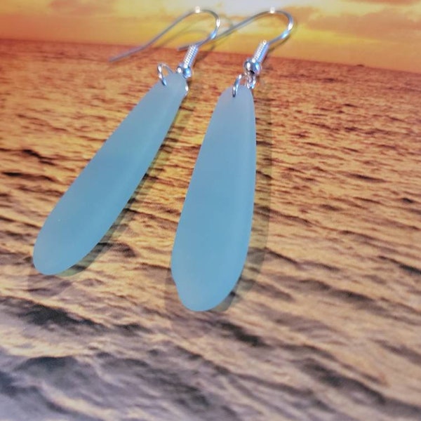 Aquamarine cultured sea glass drop earrings,  silver findings