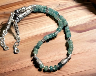 Rare AAA 6mm  Grandidierite beads,  Silver beaded Necklace with Silver Tree of Life Beads