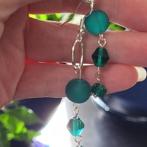 Teal Sea Glass and Crystal drop earrings.