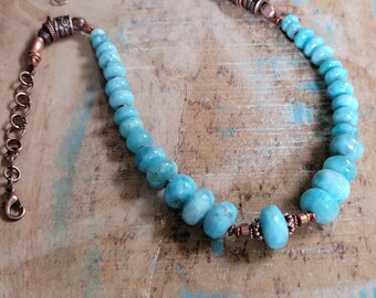 Rare Dominican Republic Larimar Rondelle beads. Larimar beaded necklace with Copper  beads and findings