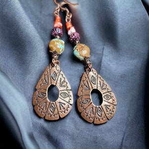 Rare #8 Turquoise Earrings: Red & Purple Spiny Oyster, Copper Ethnic Pendants