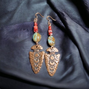 Nevada Turquoise Earrings: Copper Arrowhead, Red Spiny Oyster, Moon Phase
