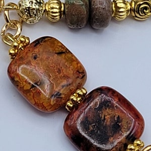 Orange Jade Necklace , Green Jasper Energy Tubes with Green Jade and Gold Leaf Pendant